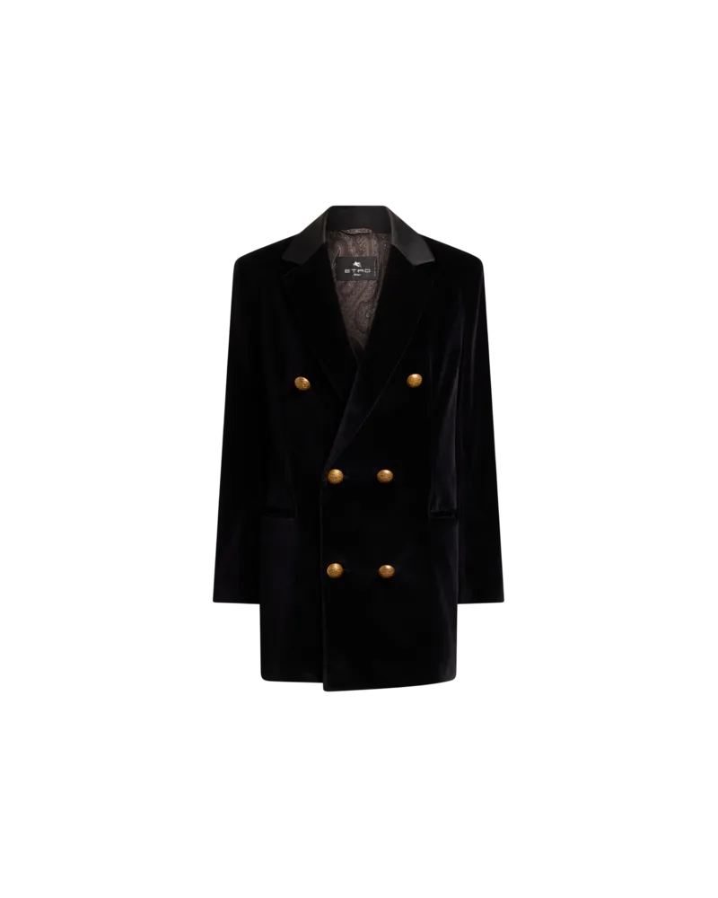 Etro Zweireihige Lange Jacke Aus Elastischem Baumwollsamt, Damen, Schwarz, Größe Schwarz