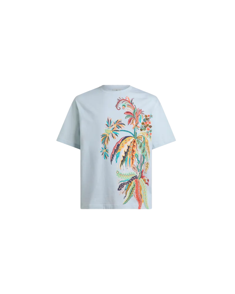 Etro T-shirt Aus Baumwolljersey Mit Palmen-stickerei, Herren, Hellblau, Größe Hellblau