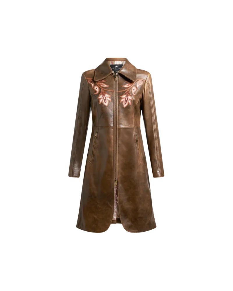 Etro Mantel Aus Leder Mit Intarsienmotiv, Damen, Braun, Größe Braun