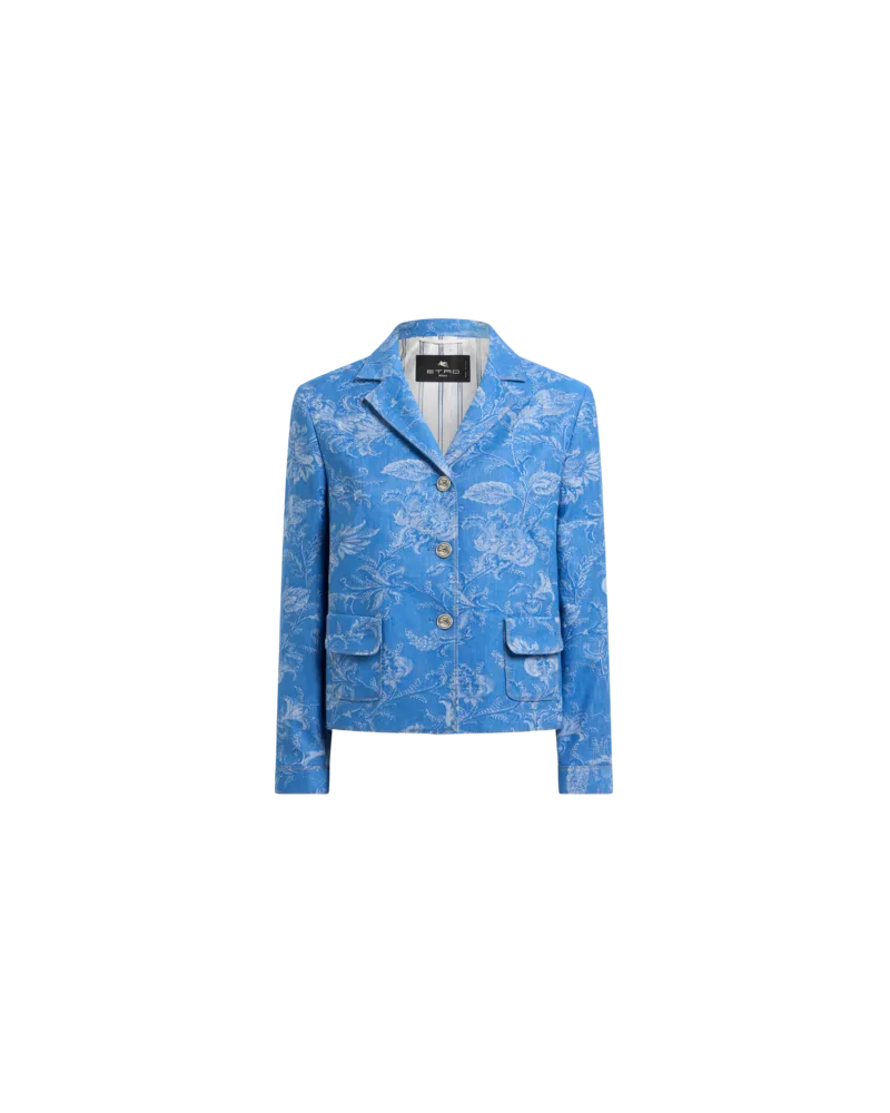 Etro Cropped Jacquard-jacke Aus Denim Aus Baumwolle Und Leinen Mit Floralem Motiv, Damen, Hellblau, Größe Hellblau