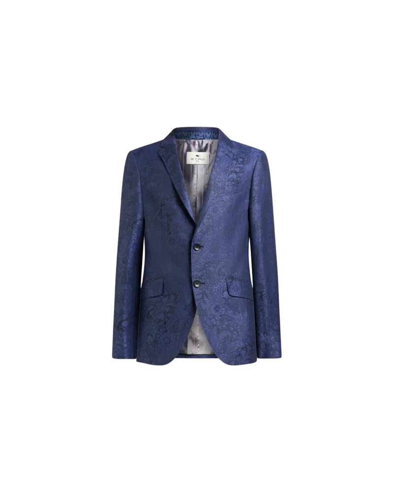 Etro Single-breasted Linen And Cotton Jacquard Jacket With Floral Paisley Motif, Herren, Blau, Größe Blau