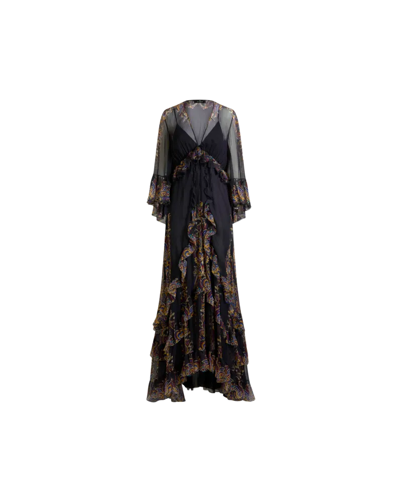 Etro Langes Kleid Aus Seide Mit Platziertem Paisley-foliage-druck, Damen, Schwarz, Größe Schwarz