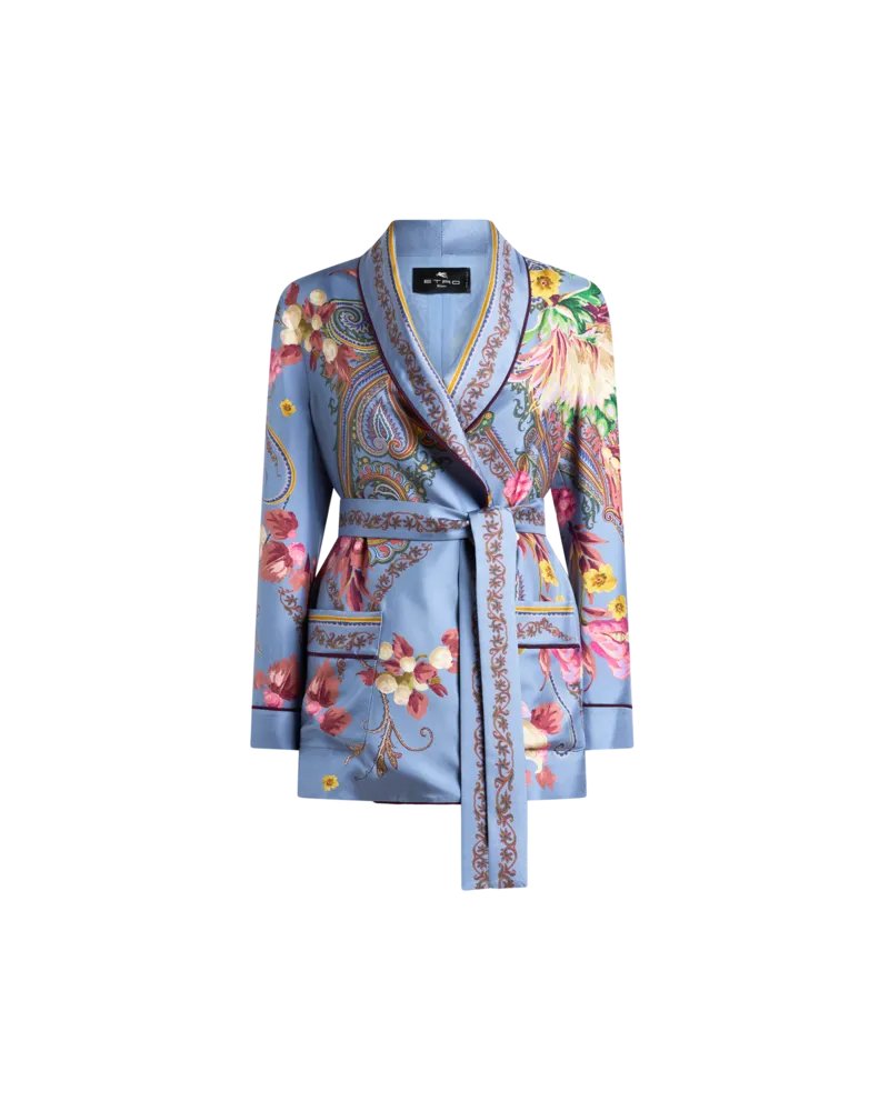 Etro Jacke Aus Seide Mit Gürtel Und Floralem Paisley-motiv, Damen, Hellblau, Größe Hellblau