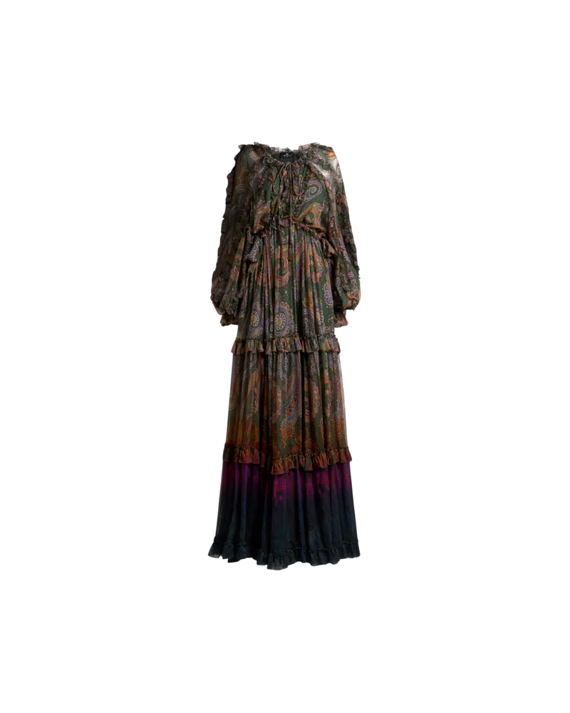 Etro Langes Kleid Aus Seide Mit Volant Und Platziertem Paisley-dégradé-print, Damen, Grün, Größe Grün