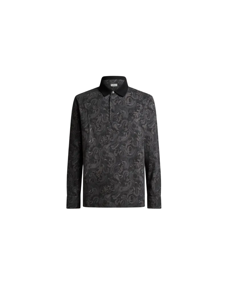 Etro Langärmeliges Poloshirt Aus Baumwoll-pikee Mit Paisley-motiv, Herren, Schwarz, Größe Schwarz