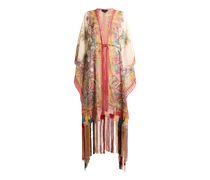 Kaftan Aus Seersucker Mit Fransen Und Platziertem Paisley-foliage-print, Damen, Weiß