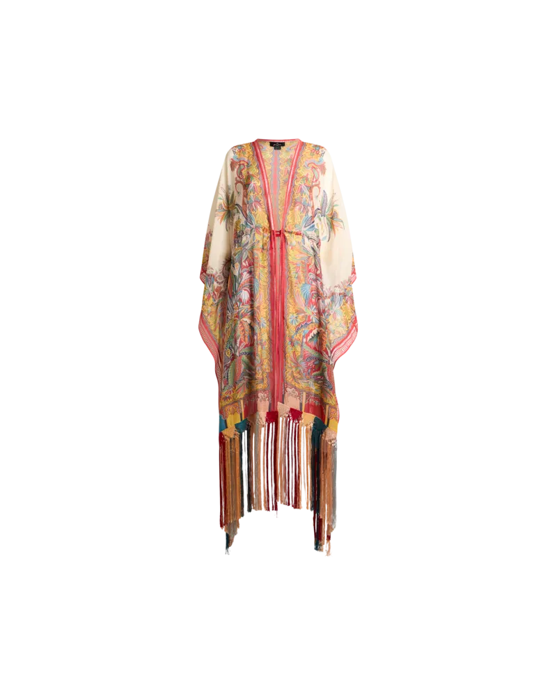 Etro Kaftan Aus Seersucker Mit Fransen Und Platziertem Paisley-foliage-print, Damen, Weiß Weiß