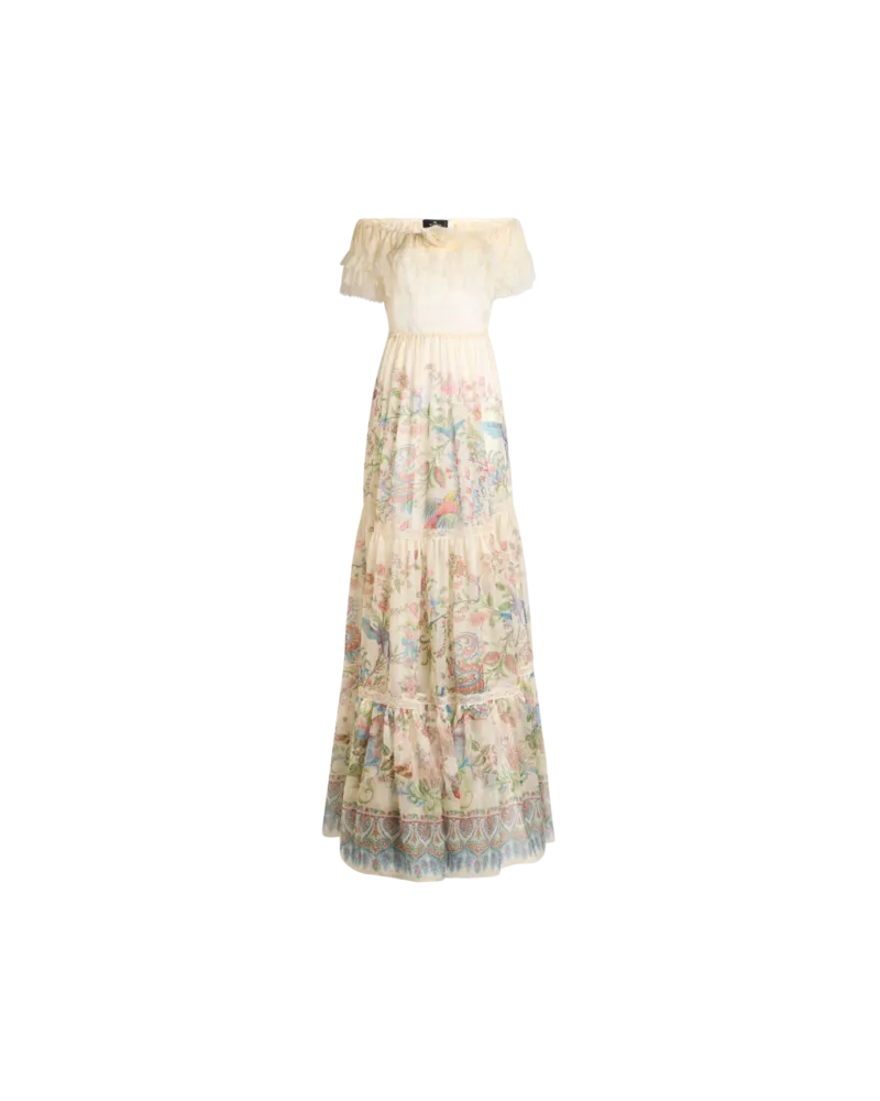 Etro Langes Kleid Aus Seide Mit Platziertem Flora-und-fauna-print, Damen, Beige, Größe Beige