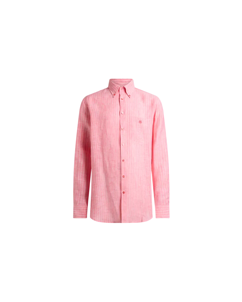 Etro Button-down-hemd Aus Gestreiftem Leinen Mit Pegaso-logo, Herren, Rosa, Größe Rosa