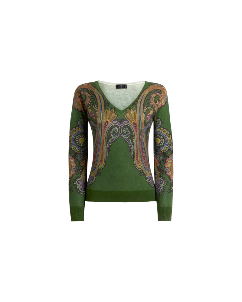 Etro Pullover Aus Seide Und Kaschmir Mit V-ausschnitt Und Platziertem Paisley-print, Damen, Grün, Größe Grün