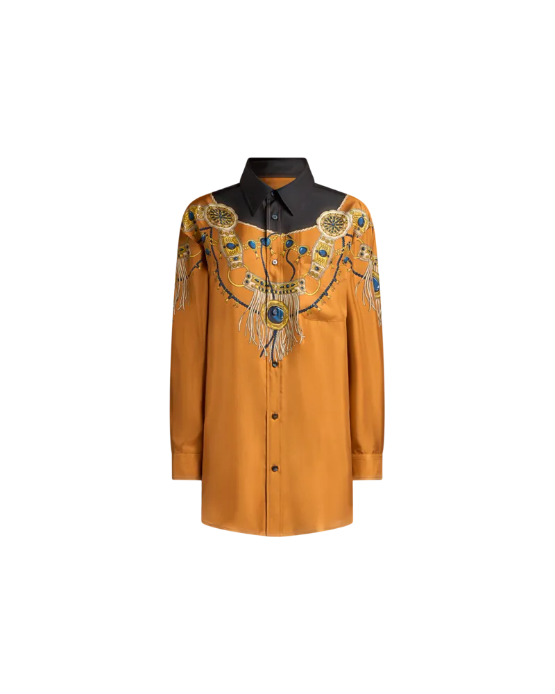 Etro Lange Hemdbluse Aus Seide Mit Platziertem Print Von Schmuck, Damen, Gelb, Größe Gelb