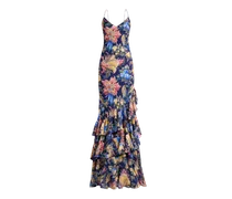 Langes Kleid Aus Seersucker Mit Rüschen Und Floralem Motiv, Damen, Blau, Größe