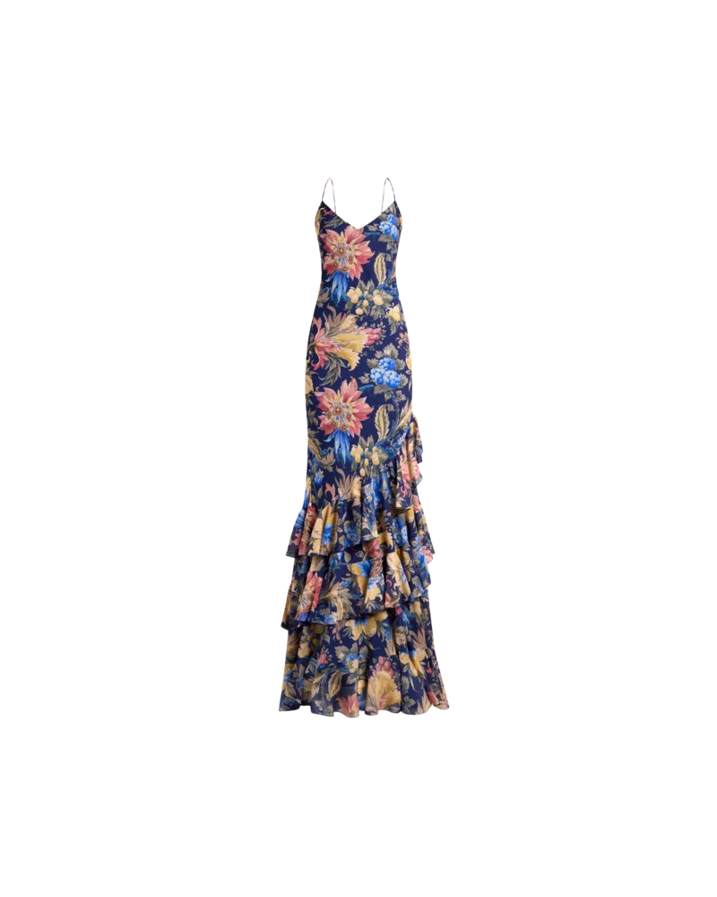 Etro Langes Kleid Aus Seersucker Mit Rüschen Und Floralem Motiv, Damen, Blau, Größe Blau