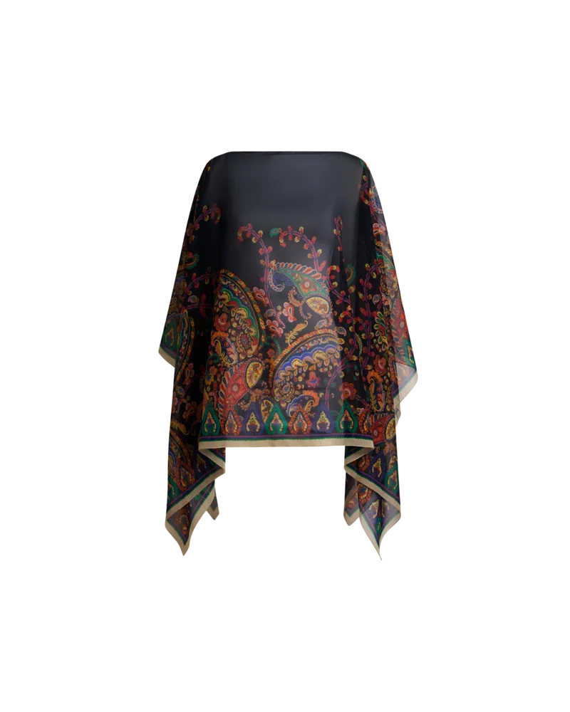 Etro Poncho-top Aus Seide Mit Platziertem, Floralem Paisley-print, Damen, Schwarz Schwarz