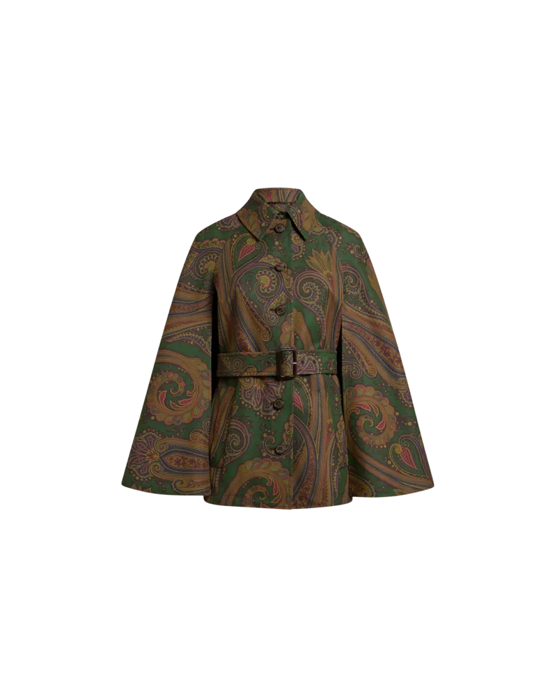 Etro Trench-cape Aus Baumwollgabardine Mit Paisley-motiv, Damen, Grün, Größe Grün