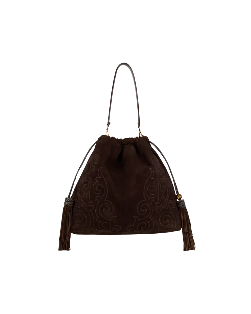 Etro Grosse Tasche Kalispera Aus Veloursleder Mit Patch Und Quasten, Damen, Dunkelbraun Dunkelbraun