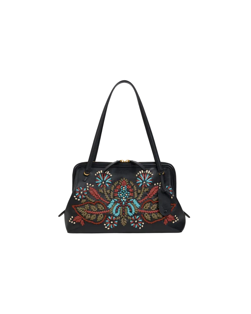 Etro Mittlere Schultertasche Vela Doc Aus Leder Mit Stickerei, Damen, Schwarz Schwarz