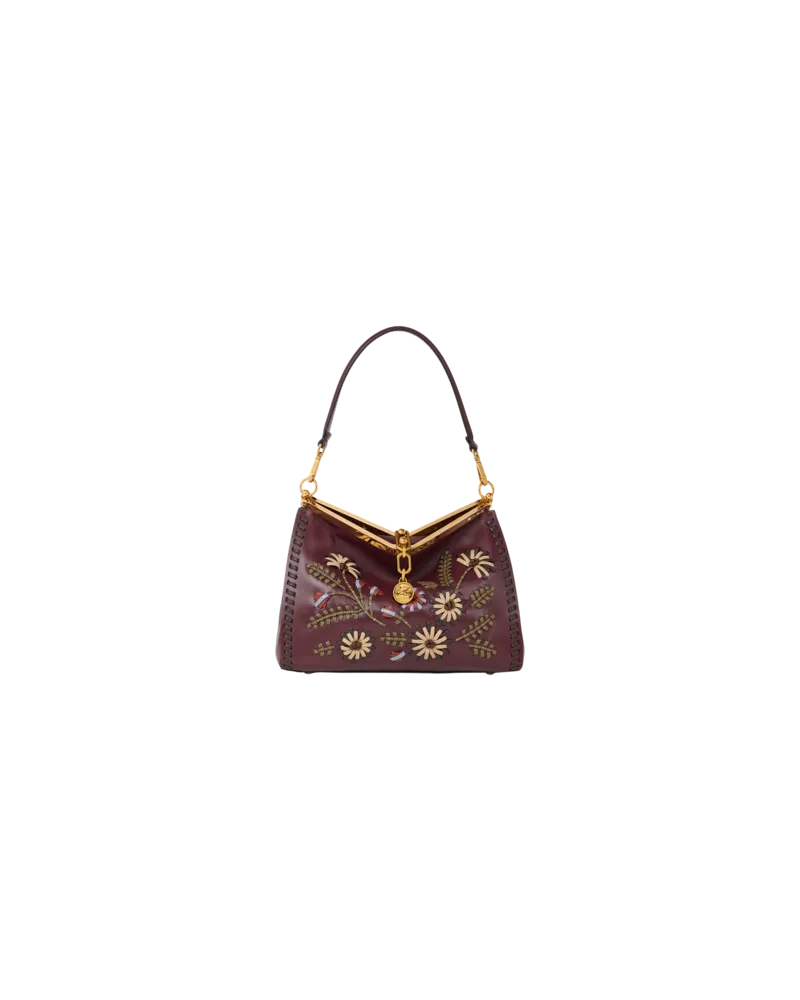 Etro Tasche Vela Mittelgross Aus Leder Mit Bandeinzügen Und Floralem Motiv, Damen, Bordeaux Bordeaux