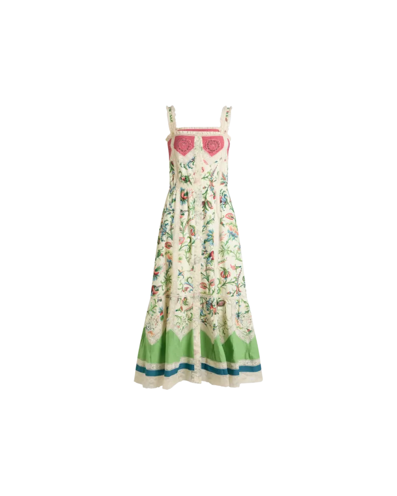 Etro Midikleid Aus Baumwolle Mit Spitzeneinsätzen Mit Floralem Motiv, Damen, Grün, Größe Grün