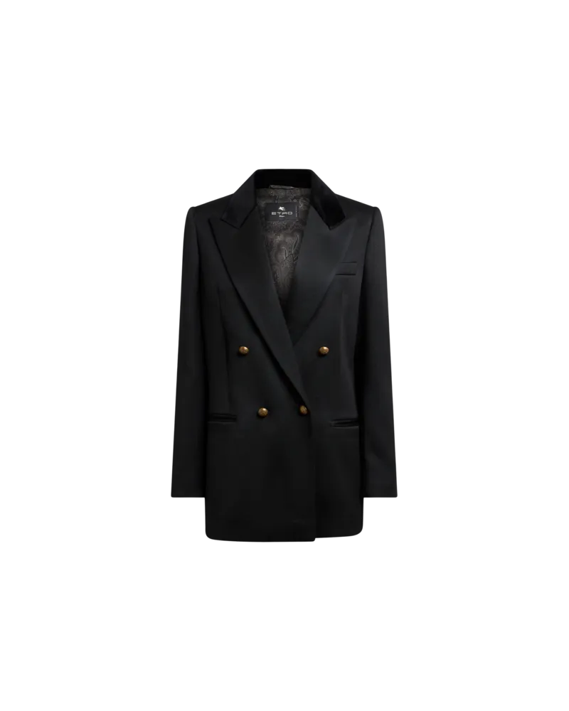 Etro Zweireihige Jacke Aus Wolle Mit Samteinsatz, Damen, Schwarz, Größe Schwarz