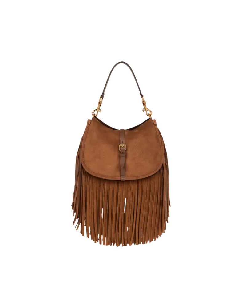 Etro Mittelgrosse Tasche Pony Aus Veloursleder Mit Fransen, Damen, Kamel Kamel