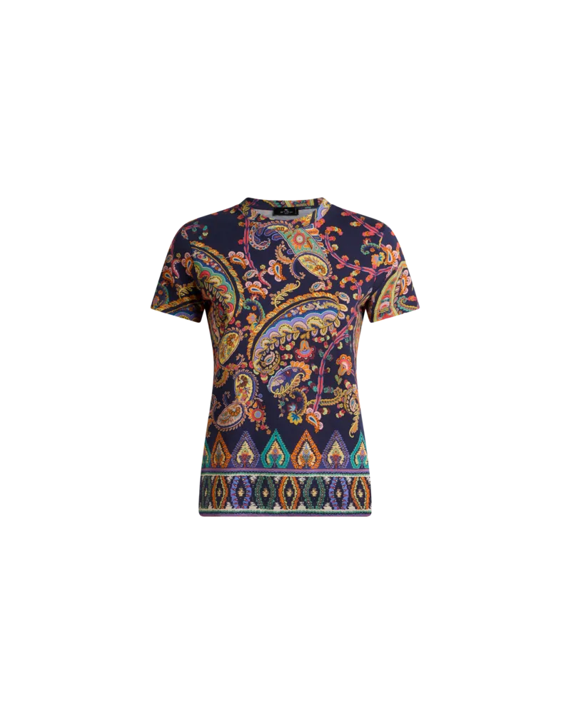 Etro T-shirt Aus Baumwolle Mit Floralem Paisley-motiv Und Medaillons, Damen, Blau, Größe Blau