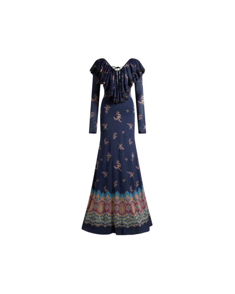 Etro Langes Kleid Mit Platziertem Print, Damen, Blau, Größe Blau