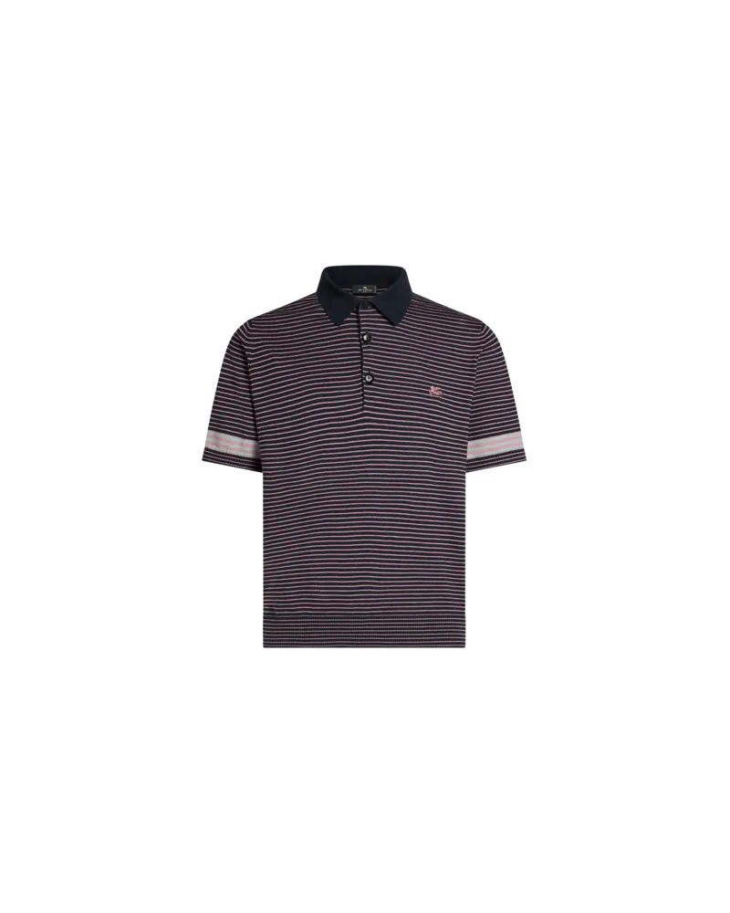 Etro Poloshirt Aus Gestreiftem Strick Mit Pegaso, Herren, Schwarz Schwarz