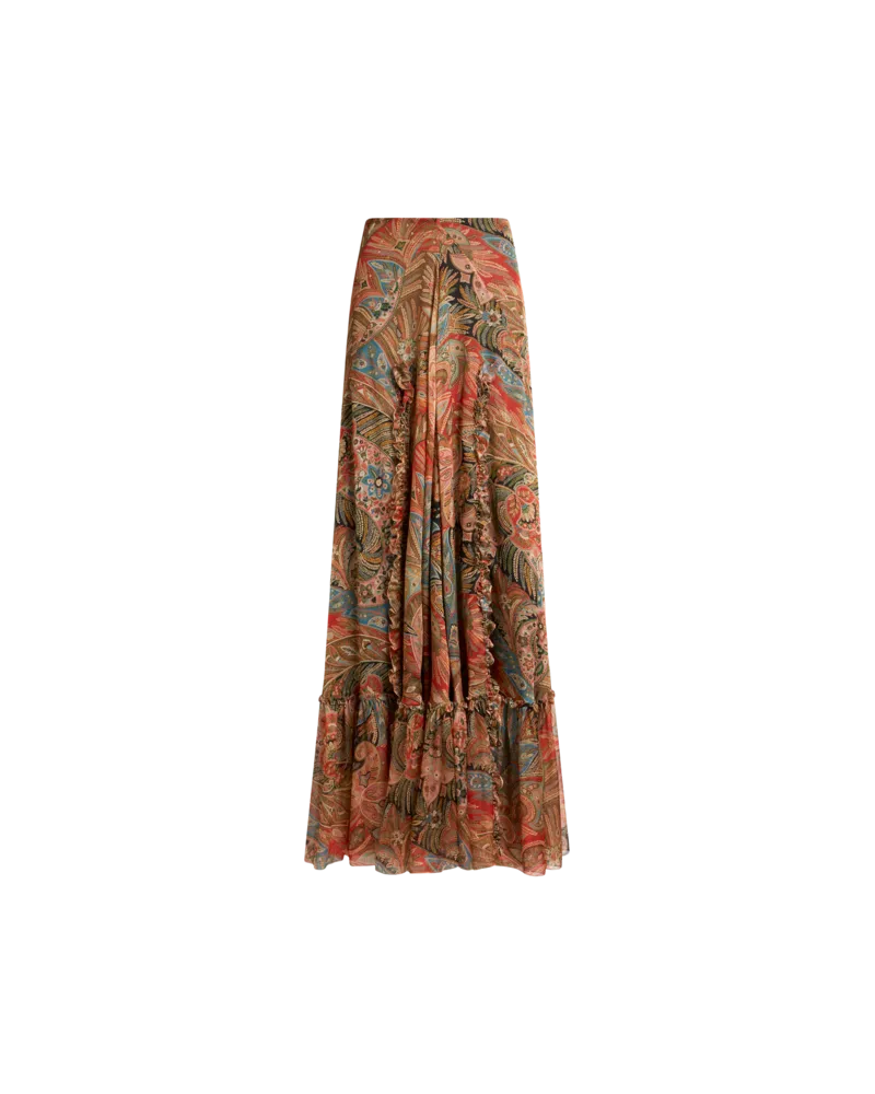 Etro Langer Rock Aus Seide Mit Volant Und Paisley-motiv, Damen, Orange, Größe Orange