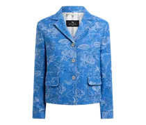 Cropped Jacquard-jacke Aus Denim Aus Baumwolle Und Leinen Mit Floralem Motiv, Damen, Hellblau, Größe