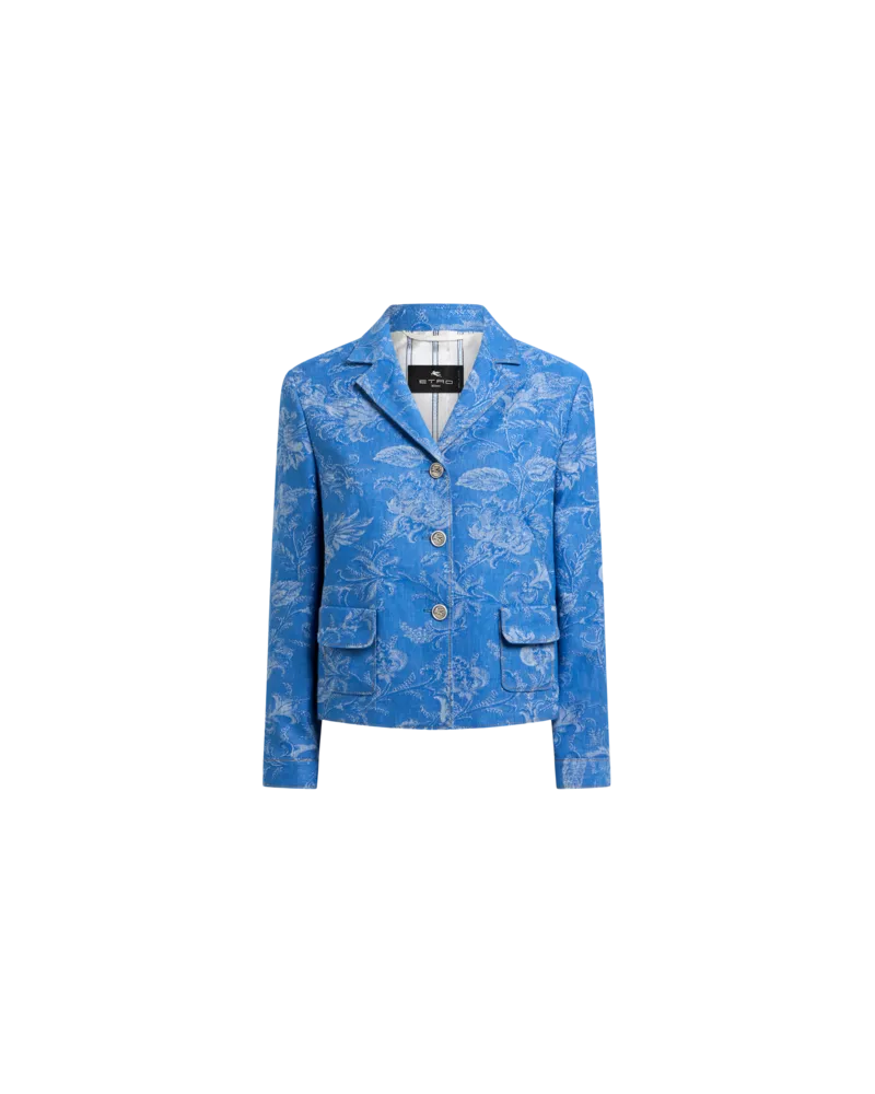 Etro Cropped Jacquard-jacke Aus Denim Aus Baumwolle Und Leinen Mit Floralem Motiv, Damen, Hellblau, Größe Hellblau