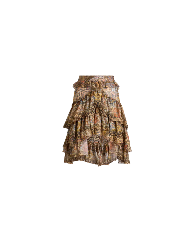 Etro Short Silk Skirt With Ruffles And Paisley And Animal Motif, Damen, Braun, Größe Braun