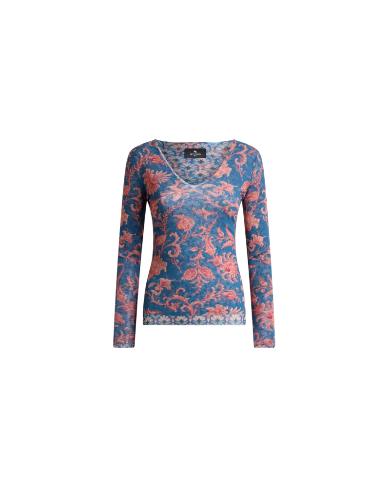 Etro Pullover Aus Elastischem Tüll Mit Floralem Motiv, Damen, Blau, Größe Blau
