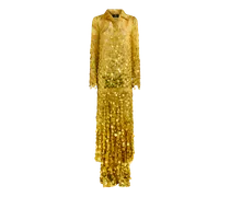 Langes Kleid Aus Seide Mit Aufgestickten Pailletten, Damen, Gelb, Größe