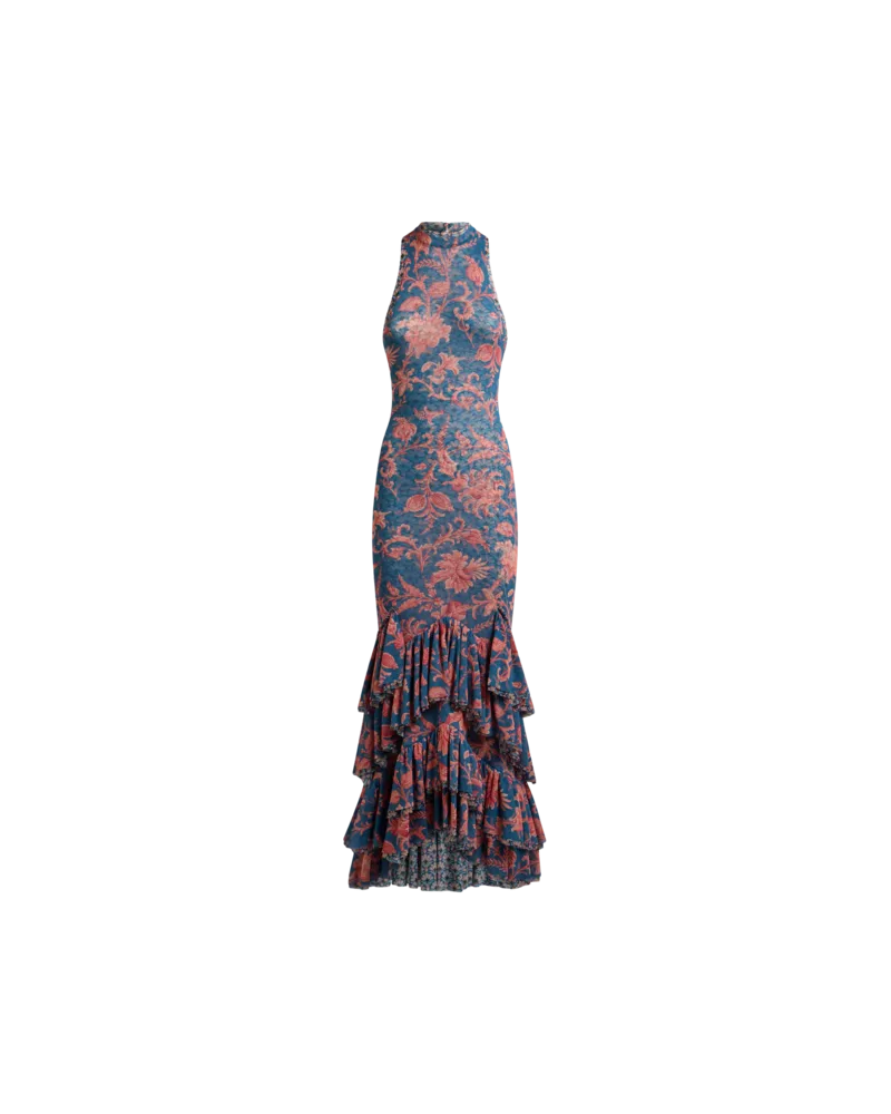 Etro Langes Kleid Aus Elastischem Tüll Mit Floralem Motiv, Damen, Blau, Größe Blau