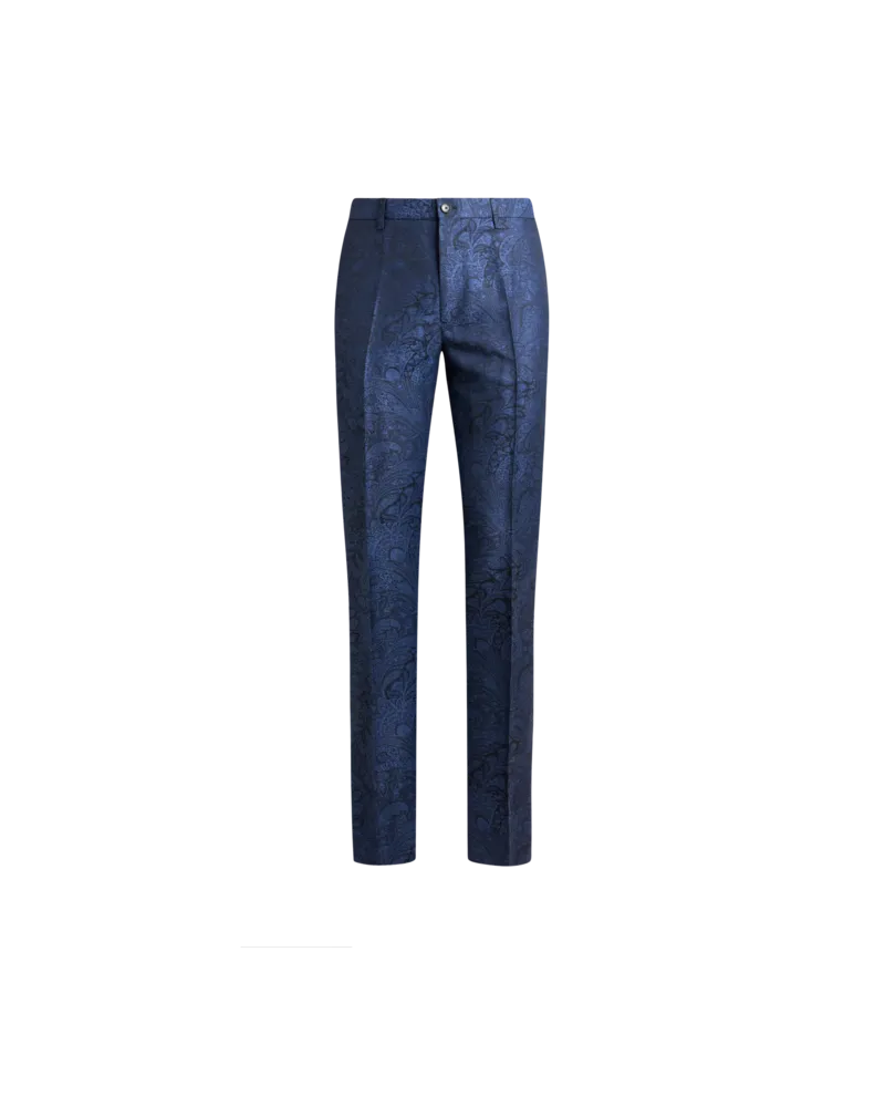 Etro Linen And Cotton Jacquard Trousers With Floral Paisley Motif, Herren, Blau, Größe Blau