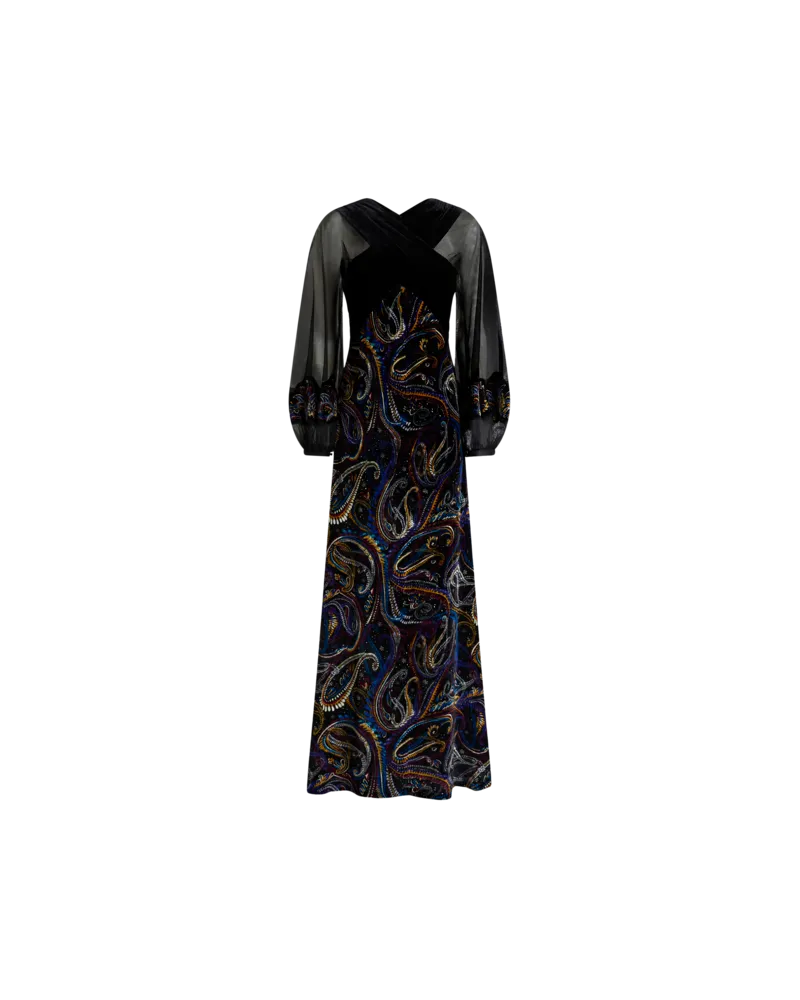 Etro Langes Kleid Aus Samt Mit Paisley-foliage-motiv, Damen, Schwarz, Größe Schwarz