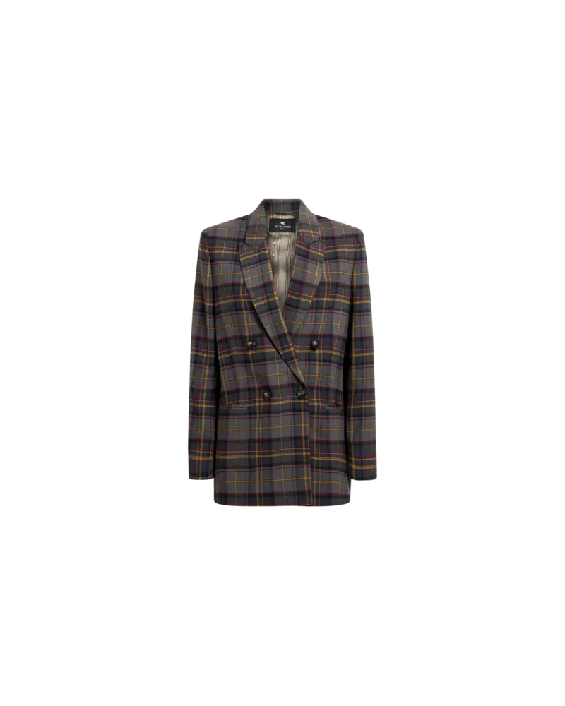 Etro Zweireihige Jacke Aus Elastischer Wolle Mit Karomuster, Damen, Grau, Größe Grau
