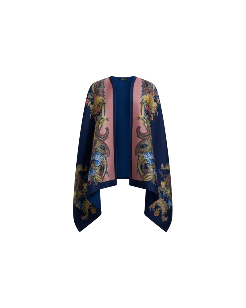 Etro Cape Aus Wolle Mit Platziertem, Floralem Paisley-print, Damen, Blau Blau