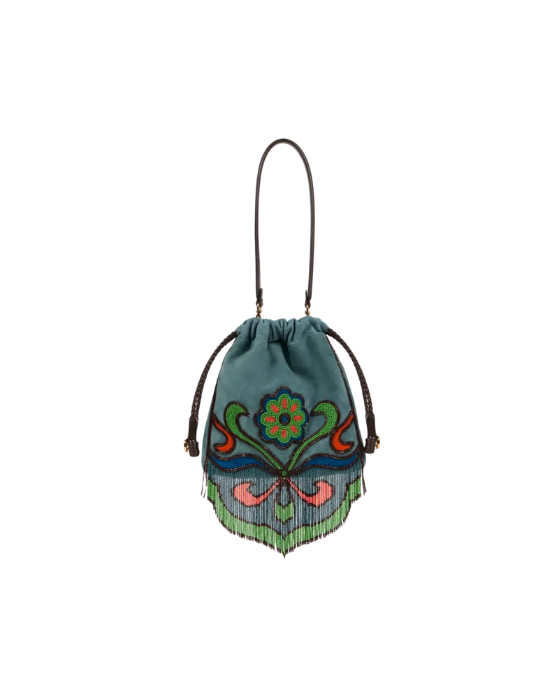 Etro Kleine Tasche Kalispera Aus Veloursleder Mit Perlen Und Fransen, Damen, Hellblau Hellblau