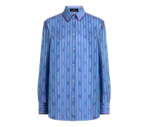 Jacquard-hemdbluse Aus Baumwolle Mit Paspeln, Streifen Und Fil-coupé-blumen, Damen, Blau, Größe