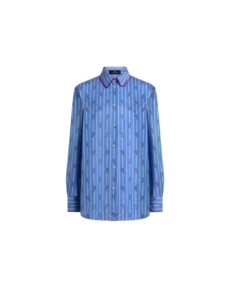 Etro Jacquard-hemdbluse Aus Baumwolle Mit Paspeln, Streifen Und Fil-coupé-blumen, Damen, Blau, Größe Blau