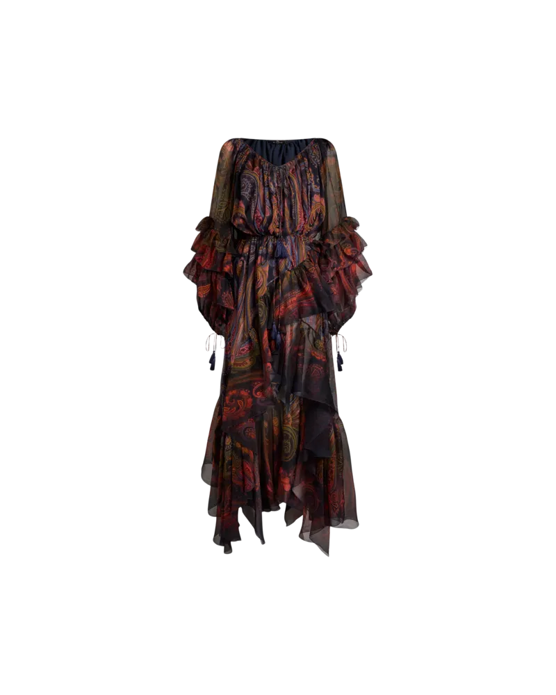 Etro Midi-kleid Aus Seide Mit Volant Und Platziertem Pailsey-print, Damen, Blau, Größe Blau