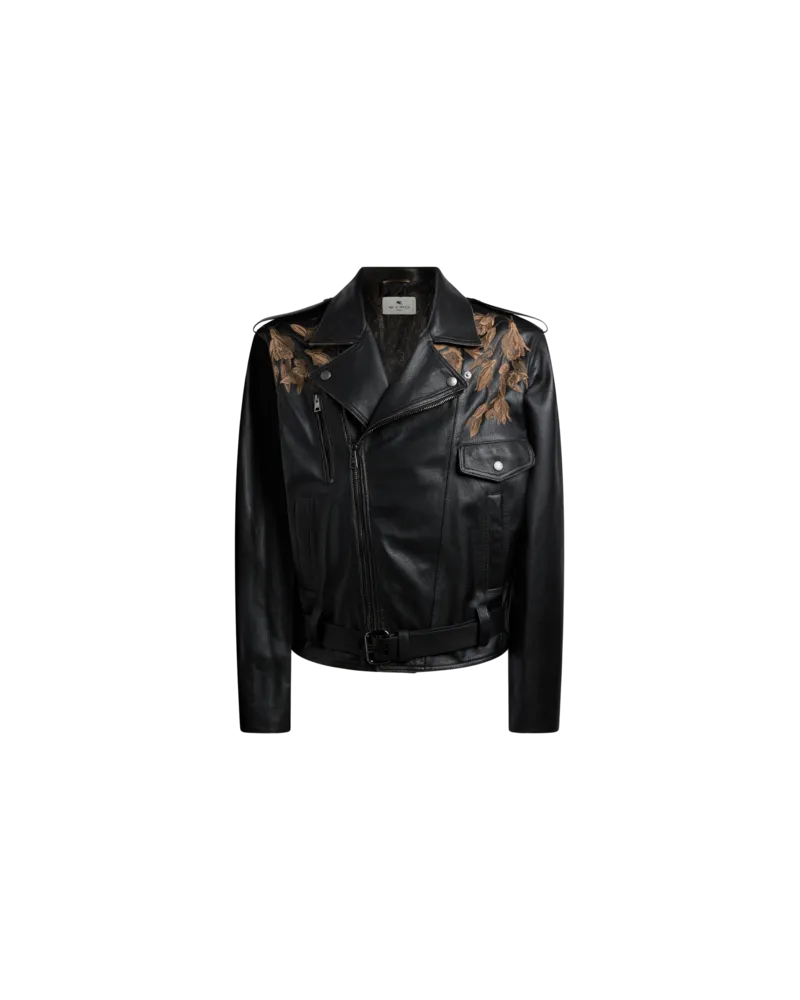 Etro Bikerjacke Aus Leder Mit Platziertem Leoparden-print, Herren, Schwarz, Größe Schwarz