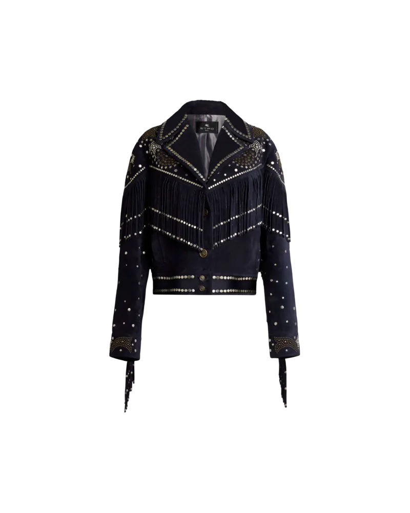 Etro Jacke Aus Leder Mit Nieten Und Fransen, Damen, Navyblau, Größe Navyblau