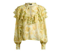Bluse Aus Plumetis-seide Mit Rüschen Und Floralem Motiv, Damen, Gelb, Größe