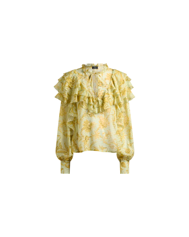Etro Bluse Aus Plumetis-seide Mit Rüschen Und Floralem Motiv, Damen, Gelb, Größe Gelb
