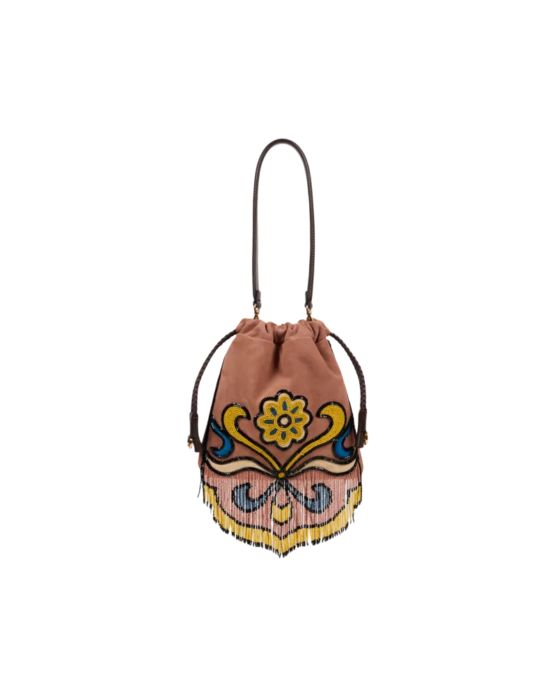 Etro Kleine Tasche Kalispera Aus Veloursleder Mit Perlen Und Fransen, Damen, Pulverpinkel Pulverpinkel