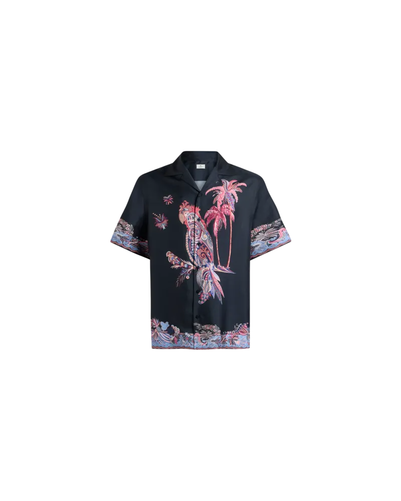 Etro Bowling-hemd Aus Baumwolle Mit Platziertem Papageien-print, Herren, Blau, Größe Blau