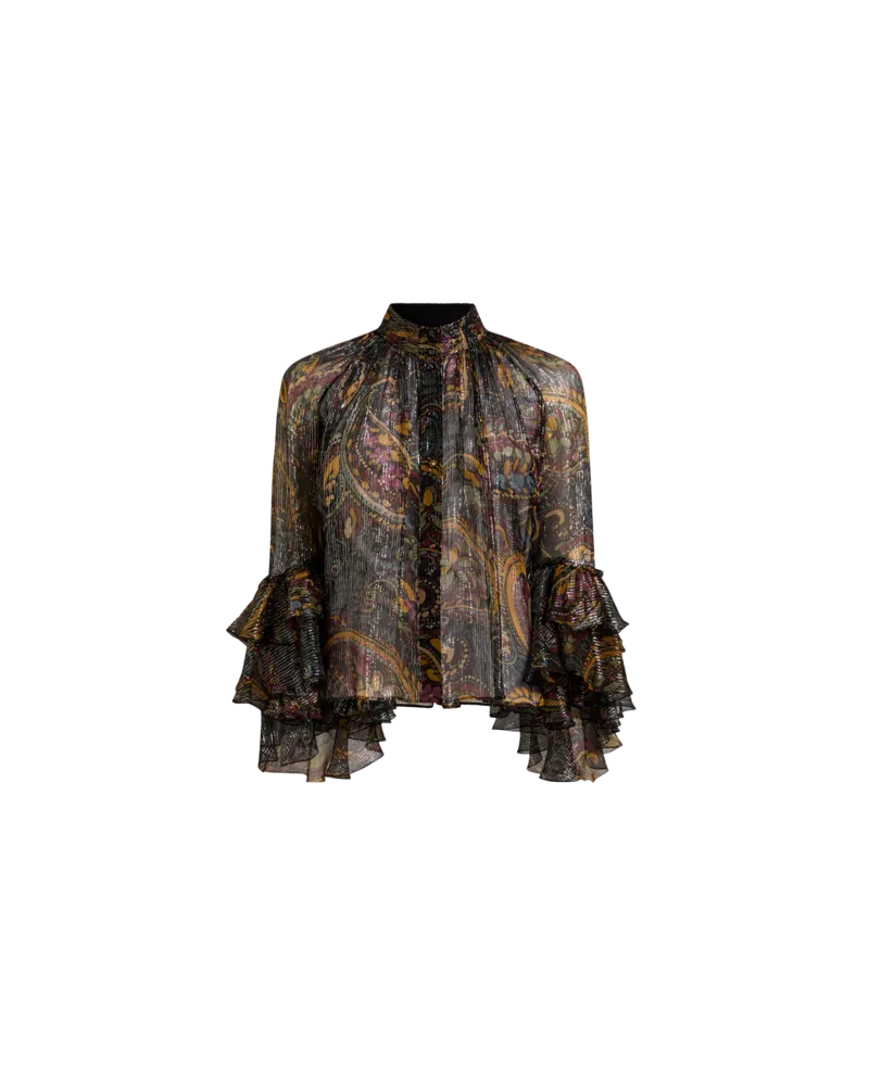 Etro Hemdbluse Aus Seide Mit Rüsche Und Floralem Paisley-motiv Mit Streifen, Damen, Schwarz, Größe Schwarz